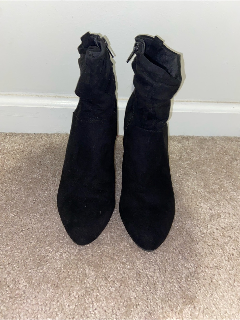 Pointed Toe Black Suede-Effect Mid Heel Ankle Boots